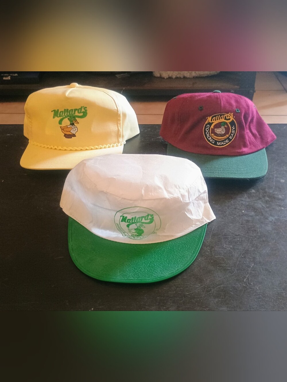 Mallard's Logo Vintage Snapback Hat Trio - Yellow, White/Green, Maroon/Green